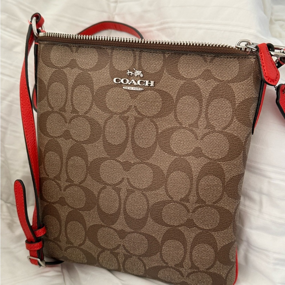 Coach Brown Signature Crossbody with Orange Trim